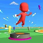 色とりどりのキャラクターが、青空の下でプラットフォームから飛び跳ねている様子。