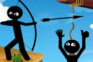 弓矢を持った棒人間が矢を放ち、ロープに縛られた他の棒人間を助けようとしている。