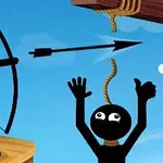 弓矢を持った棒人間が矢を放ち、ロープに縛られた他の棒人間を助けようとしている。
