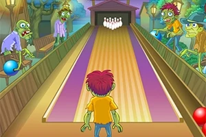 ゾンビが両端に立っているボウリングレーンで少年がボウリングをする様子。