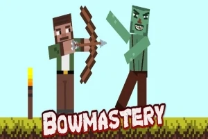 弓を構えるキャラクターと緑色の敵キャラクターが対峙しているブロックスタイルの画像。