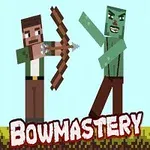 弓を構えるキャラクターと緑色の敵キャラクターが対峙しているブロックスタイルの画像。