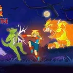青い背景に、金髪のキャラクターが緑色のモンスターと大きなライオンのような動物と戦っている場面。