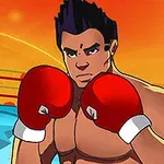 赤いボクシンググローブを着けた男性のアニメキャラクターがリングで構えている。
