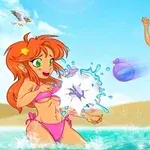 3人のカラフルな髪をした女の子たちが、水着を着てビーチで水遊びをしているイラスト。