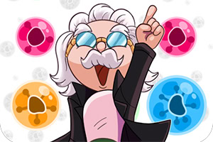 白髪でサングラスをかけたキャラクターが、指を指しながら笑顔でポーズをとっており、周りにカラフルな泡のような絵があります。