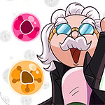 白髪でサングラスをかけたキャラクターが、指を指しながら笑顔でポーズをとっており、周りにカラフルな泡のような絵があります。