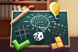 黒板の上に描かれた脳のスケッチと、周囲に置かれた電球、筆、さいころ、ゲームピースがあるイメージ。