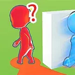 赤いキャラクターが疑問符を浮かべている横で、青いキャラクターが壁を透けて進んでいる様子。