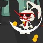 剣を持ったキャラクターが、サングラスとネクタイを着けたウサギの敵と対峙している場面。