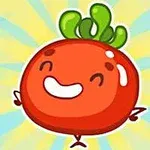 笑顔の赤いトマトキャラクターが青と黄色の背景に描かれている。