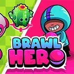 ピンクと緑の背景にフードを被ったキャラクター、ドローン、サボテンとキノコのイラストと「BRAWL HERO」の文字。