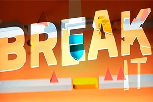 オレンジ色の背景に大きく「BREAK IT」と書かれた文字と、赤い三角形と黄色い四角形のオブジェクトが散りばめられている。