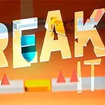 オレンジ色の背景に大きく「BREAK IT」と書かれた文字と、赤い三角形と黄色い四角形のオブジェクトが散りばめられている。