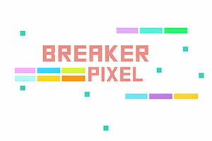 白い背景に「BREAKER PIXEL」の文字と、周囲に散らばるカラフルな横長ブロックや小さな四角形のピクセルが描かれたデザイン。