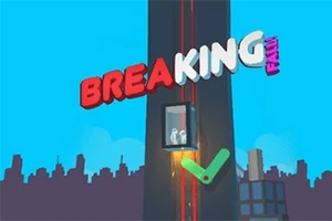 青空を背景に、高層ビルの外にあるエレベーター内に2人のキャラクターがいるイラスト。