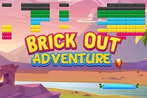 ピンクの夕焼け空の下、色とりどりの煉瓦と「BRICK OUT ADVENTURE」という文字が表示されています。