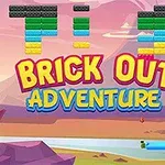 ピンクの夕焼け空の下、色とりどりの煉瓦と「BRICK OUT ADVENTURE」という文字が表示されています。