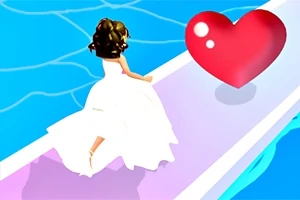 ウェディングドレスを着た女性が、ピンクのハートに向かって歩道を歩いている。