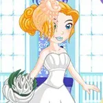 ウェディングドレスを着たアニメ風の女性がブーケを持ち、背景にはカーテンと窓がある。