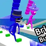 青とピンクのキャラクターが海の上に架かる橋を走っているイラスト。