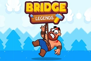 アニメキャラクターの男性が「BRIDGE LEGENDS」という看板にぶら下がっている。