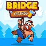 アニメキャラクターの男性が「BRIDGE LEGENDS」という看板にぶら下がっている。