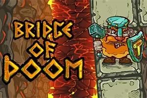 炎の背景に、「BRIDGE OF DOOM」という文字と盾とハンマーを持つキャラクターが描かれているイラスト。