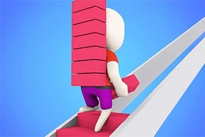 青い背景の前で、段ボールのようなピンク色のボックスを積み重ねて運ぶ3Dキャラクター。