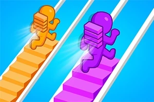 オレンジと紫のキャラクターが階段を駆け上がる様子。
