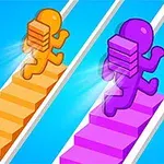オレンジと紫のキャラクターが階段を駆け上がる様子。