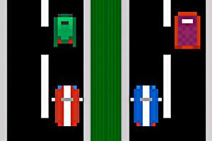 2台のカラフルなスポーツカーと2台の長方形の車が分離された道路を走っているドット絵のイラスト。