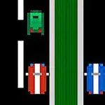 2台のカラフルなスポーツカーと2台の長方形の車が分離された道路を走っているドット絵のイラスト。