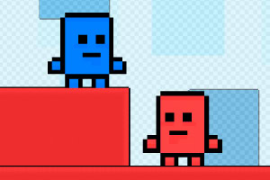青い四角いキャラクターと赤い四角いキャラクターが階段状の赤いブロックに立っているピクセルアートの画像。