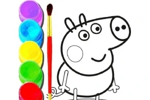 パレットに並んだカラフルな絵の具と絵筆の横に、白黒のキャラクターの線画が描かれています。