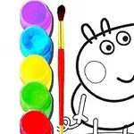 パレットに並んだカラフルな絵の具と絵筆の横に、白黒のキャラクターの線画が描かれています。