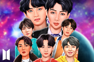 7人の男性が宇宙を背景に集合しているイラスト。