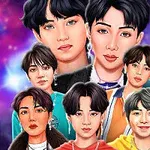7人の男性が宇宙を背景に集合しているイラスト。