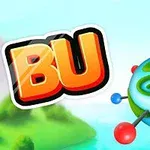鮮やかな背景に「BU」の文字と青緑色の球体が描かれたイラスト。