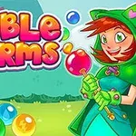 緑の衣装を着たキャラクターが色とりどりのバブルを持って笑顔で立っている。