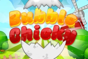 割れた卵の殻の上に「Bubble Chicky」のカラフルな文字が描かれた、風車のある緑豊かな風景。