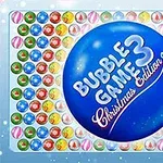 青い円の中央に「Bubble Game 3 Christmas Edition」と書かれたテキストがあり、その周囲に色とりどりの模様入りのバブルが配置されている画像。