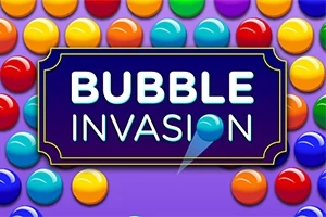 カラフルなバブルが並び、中央に「BUBBLE INVASION」と書かれた紫色の看板があるデザイン。