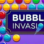 カラフルなバブルが並び、中央に「BUBBLE INVASION」と書かれた紫色の看板があるデザイン。