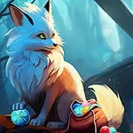 魔法の森で宝石が入った袋と一緒に座っている白い狐。