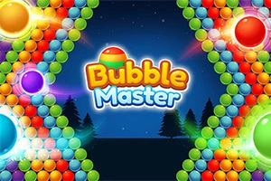 カラフルなバブルが夜空の背景に並ぶデザインと「Bubble Master」という文字があります。