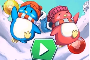 赤い帽子と青い帽子をかぶった2羽のカラフルなペンギンが雪の上で楽しそうに跳ねているイラスト。