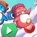 赤い帽子と青い帽子をかぶった2羽のカラフルなペンギンが雪の上で楽しそうに跳ねているイラスト。