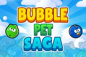 カラフルな文字で「BUBBLE PET SAGA」と書かれた青空の背景に、緑と青の顔つきのバブルが描かれている。
