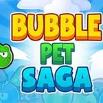 カラフルな文字で「BUBBLE PET SAGA」と書かれた青空の背景に、緑と青の顔つきのバブルが描かれている。